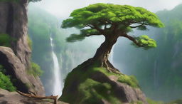 An ancient, towering tree teetering on the brink of a sheer cliff, with a powerful waterfall spilling into a verdant, flourishing valley below