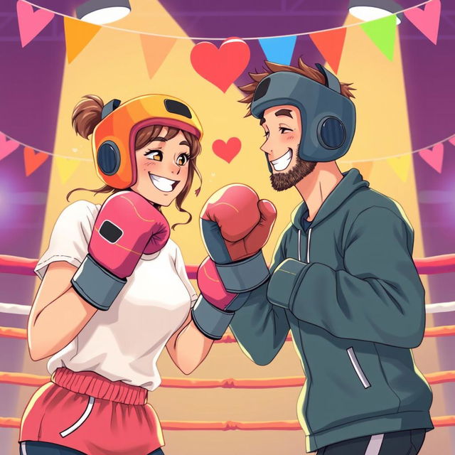 A romantic and playful illustration of two individuals boxing with love, showcasing a lighthearted and fun atmosphere