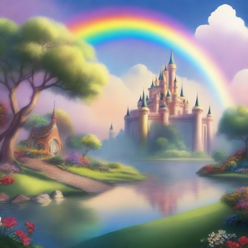 Generate an image of a romantic, fairytale-esque scene featuring rainbows and a tranquil setting.