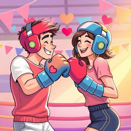 A romantic and playful illustration of two individuals boxing with love, showcasing a lighthearted and fun atmosphere