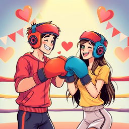 A romantic and playful illustration of two individuals boxing with love, showcasing a lighthearted and fun atmosphere