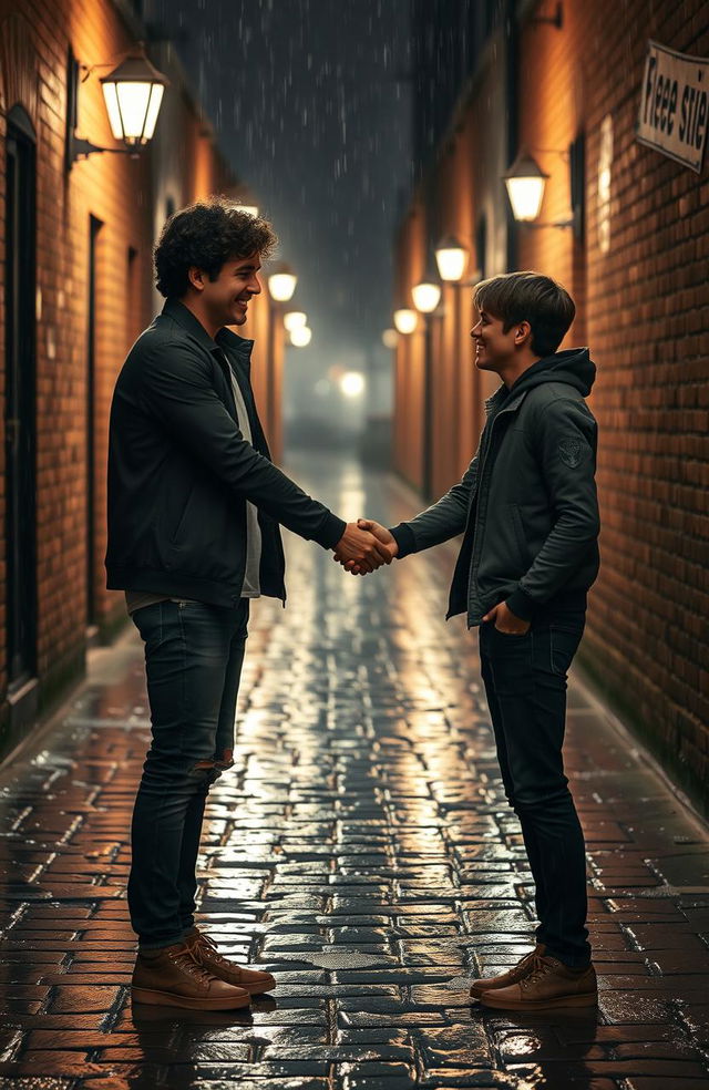 A romantic alleyway scene set in the rain, depicting two young men accidentally brushing their hands together, creating a moment of connection