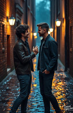 A romantic alleyway scene set in the rain, depicting two young men accidentally brushing their hands together, creating a moment of connection
