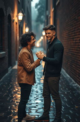 A romantic alleyway scene set in the rain, depicting two young men accidentally brushing their hands together, creating a moment of connection