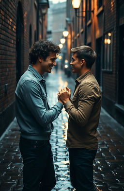 A romantic alleyway scene set in the rain, depicting two young men accidentally brushing their hands together, creating a moment of connection