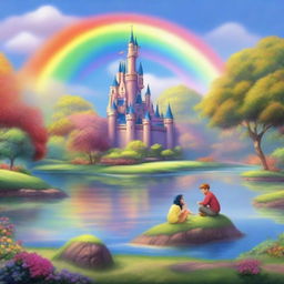 Generate an image of a romantic, fairytale-esque scene featuring rainbows and a tranquil setting.