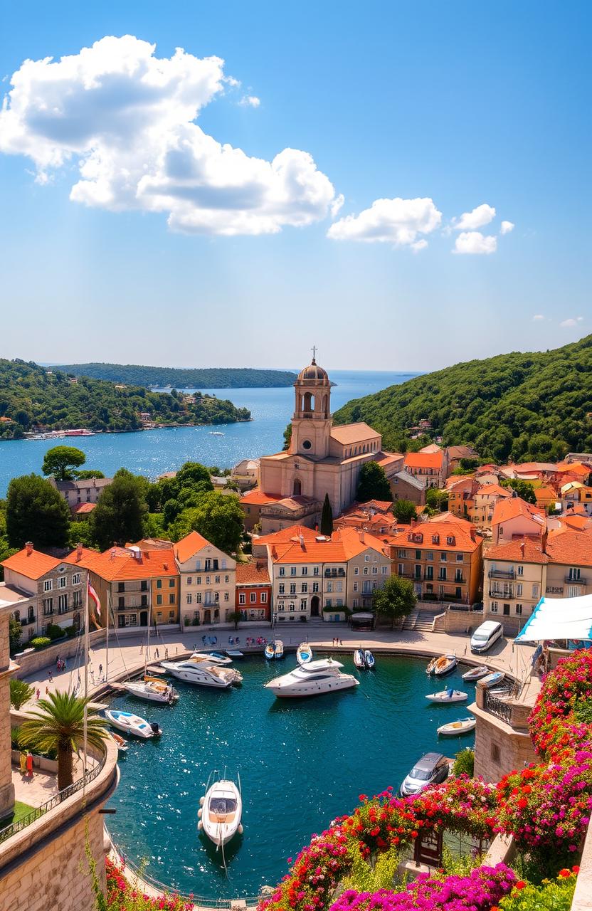 A stunning panoramic view of Šibenik, Croatia, showcasing the vibrant medieval architecture, with its iconic Cathedral of St