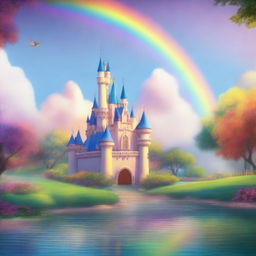 Generate an image of a romantic, fairytale-esque scene featuring rainbows and a tranquil setting.