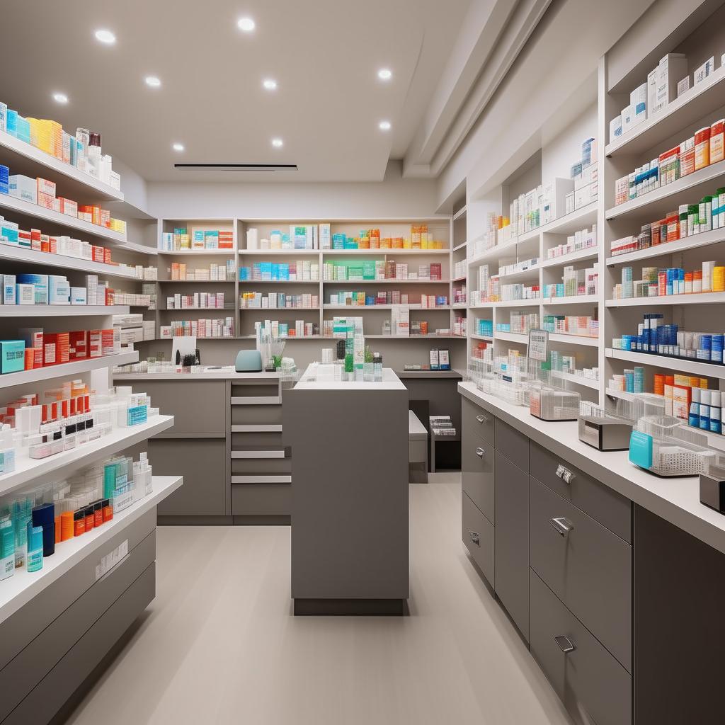 Design an interior of a 12*30 size pharmacy shop with well-organized shelves for medicines, a sleek counter, comfortable customer service area and a visually appealing layout.