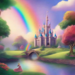 Generate an image of a romantic, fairytale-esque scene featuring rainbows and a tranquil setting.