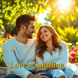 A romantic couple sitting together on a sunny day, surrounded by vibrant nature, with golden sunlight filtering through the leaves above