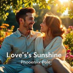 A romantic couple sitting together on a sunny day, surrounded by vibrant nature, with golden sunlight filtering through the leaves above