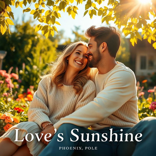 A romantic couple sitting together on a sunny day, surrounded by vibrant nature, with golden sunlight filtering through the leaves above