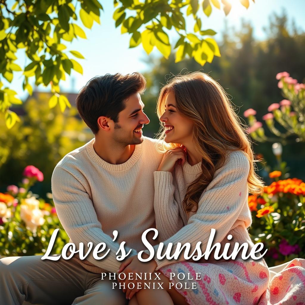 A romantic couple sitting together on a sunny day, surrounded by vibrant nature, with golden sunlight filtering through the leaves above