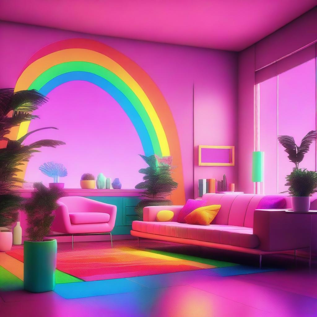 A romantic environment filled with vibrant rainbow colors, rendered in an 80s retro aesthetic.