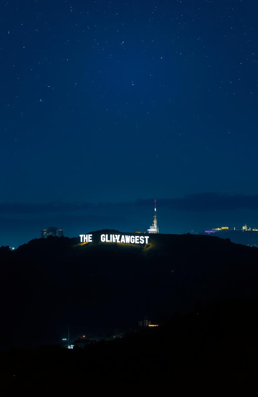 A breathtaking nighttime scene of the Hollywood Hills, showcasing the iconic Hollywood Sign that has been creatively altered to read "The Greatest Star"