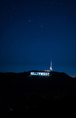 A breathtaking nighttime scene of the Hollywood Hills, showcasing the iconic Hollywood Sign that has been creatively altered to read "The Greatest Star"