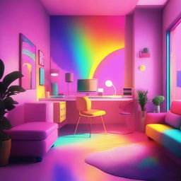 A romantic environment filled with vibrant rainbow colors, rendered in an 80s retro aesthetic.