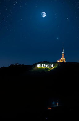 A breathtaking nighttime scene of the Hollywood Hills, showcasing the iconic Hollywood Sign that has been creatively altered to read "The Greatest Star"