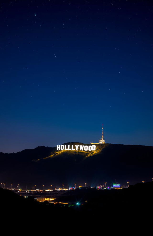 A breathtaking nighttime scene of the Hollywood Hills, showcasing the iconic Hollywood Sign that has been creatively altered to read "The Greatest Star"