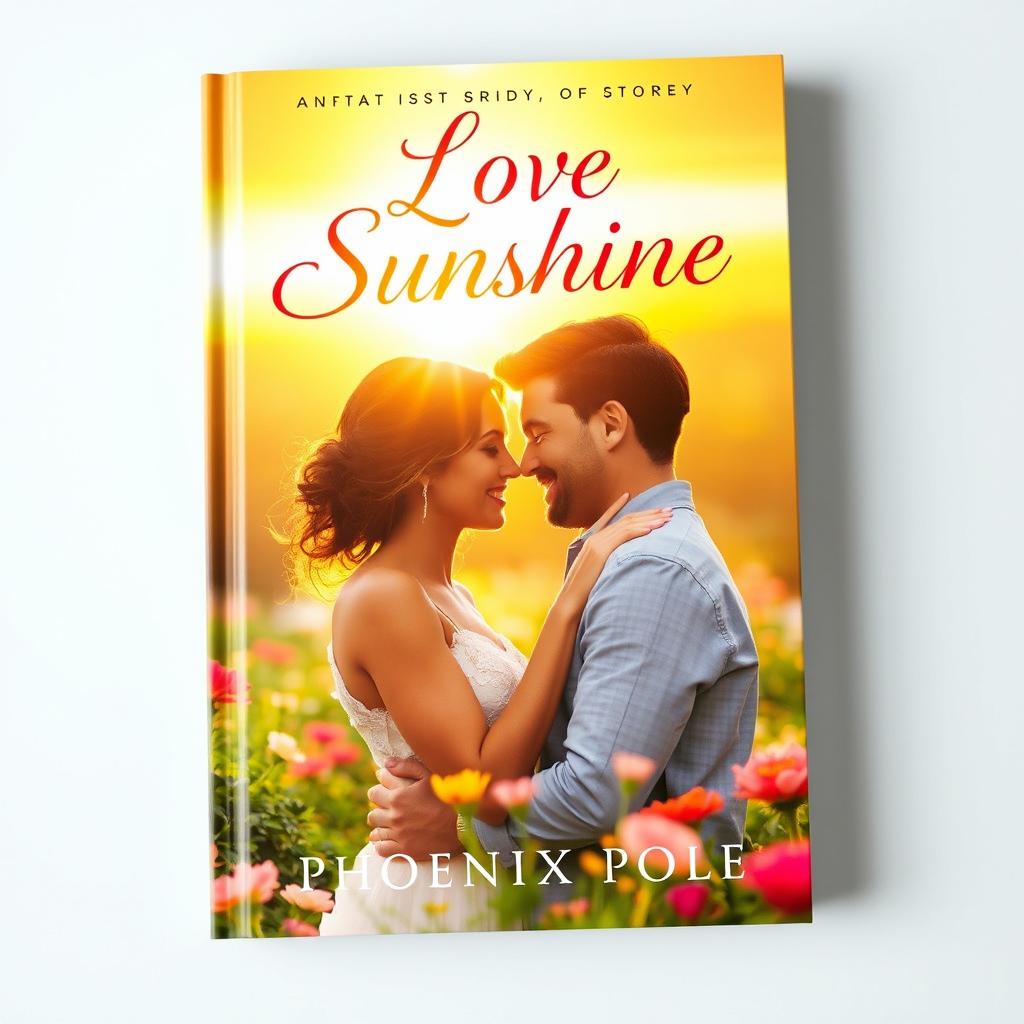 A captivating book cover featuring a romantic couple embracing under a warm, golden sunlit sky