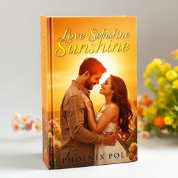 A captivating book cover featuring a romantic couple embracing under a warm, golden sunlit sky