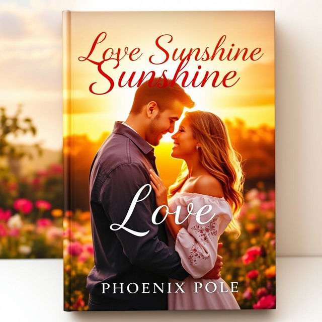 A captivating book cover featuring a romantic couple embracing under a warm, golden sunlit sky