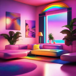 A romantic environment filled with vibrant rainbow colors, rendered in an 80s retro aesthetic.