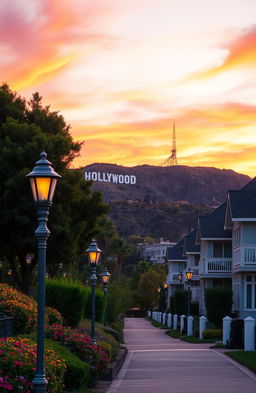 A stunning view of the Hollywood Hills at sunset, showcasing the iconic Hollywood sign on the hillside, surrounded by lush green trees and colorful flowers