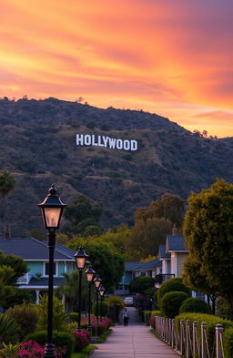 A stunning view of the Hollywood Hills at sunset, showcasing the iconic Hollywood sign on the hillside, surrounded by lush green trees and colorful flowers