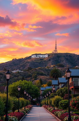 A stunning view of the Hollywood Hills at sunset, showcasing the iconic Hollywood sign on the hillside, surrounded by lush green trees and colorful flowers