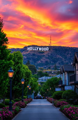 A stunning view of the Hollywood Hills at sunset, showcasing the iconic Hollywood sign on the hillside, surrounded by lush green trees and colorful flowers
