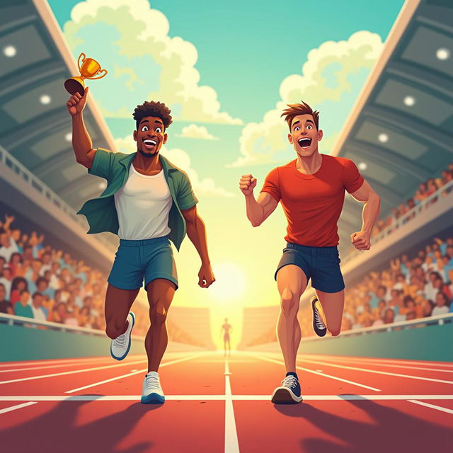 A conceptual illustration depicting two contrasting figures: one person confidently relaxing at the finish line, embodying the essence of being the best, with a radiant smile and a trophy in hand; the other figure passionately striving, sweating and focused, mid-action, pushing to achieve their goals with determination and intensity