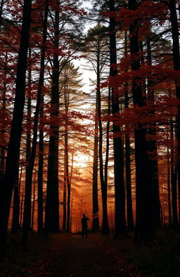 A Scottish forest in autumn, featuring tall trees with leaves in warm tones of orange, red, and yellow