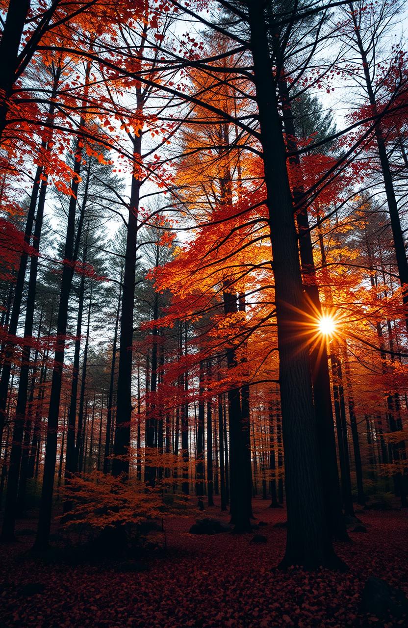 A Scottish forest in autumn, featuring tall trees with leaves in warm tones of orange, red, and yellow