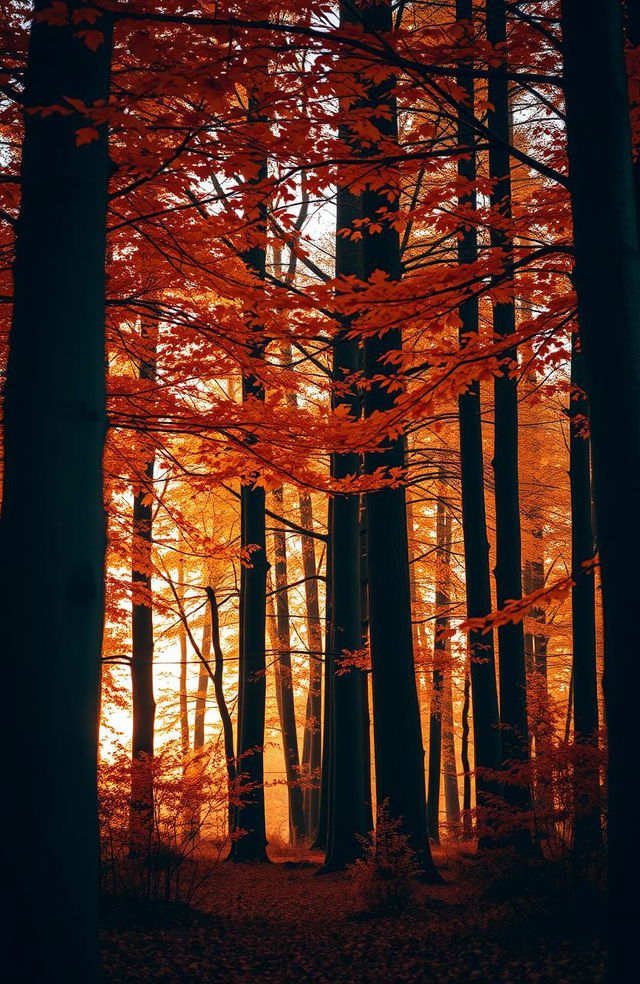 A Scottish forest in autumn, featuring tall trees with leaves in warm tones of orange, red, and yellow