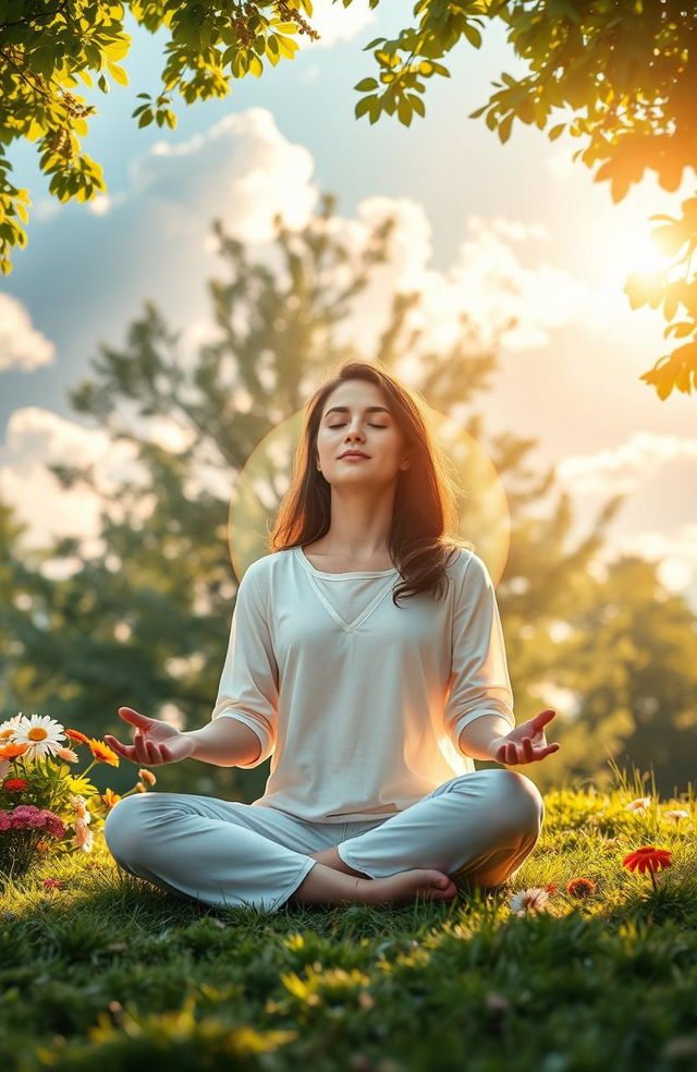 A serene and uplifting scene depicting a quiet, beautiful outdoor setting where a person is meditating and connecting with the Holy Spirit