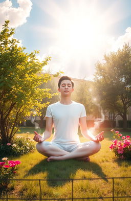 A serene and uplifting scene depicting a quiet, beautiful outdoor setting where a person is meditating and connecting with the Holy Spirit