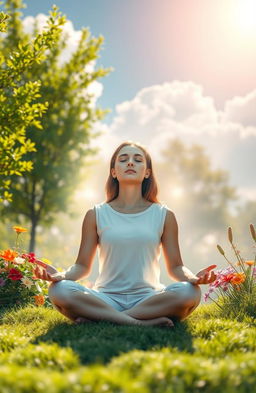 A serene and uplifting scene depicting a quiet, beautiful outdoor setting where a person is meditating and connecting with the Holy Spirit