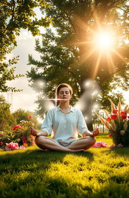 A serene and uplifting scene depicting a quiet, beautiful outdoor setting where a person is meditating and connecting with the Holy Spirit