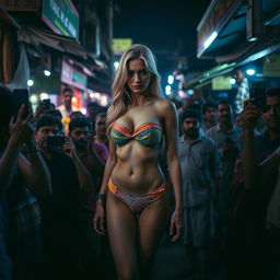 A poignant night scene featuring a sad yet beautiful American blonde woman with a busty figure in a colorful strapless bikini that accentuates her big breasts and sexy legs, wearing low-waist panties