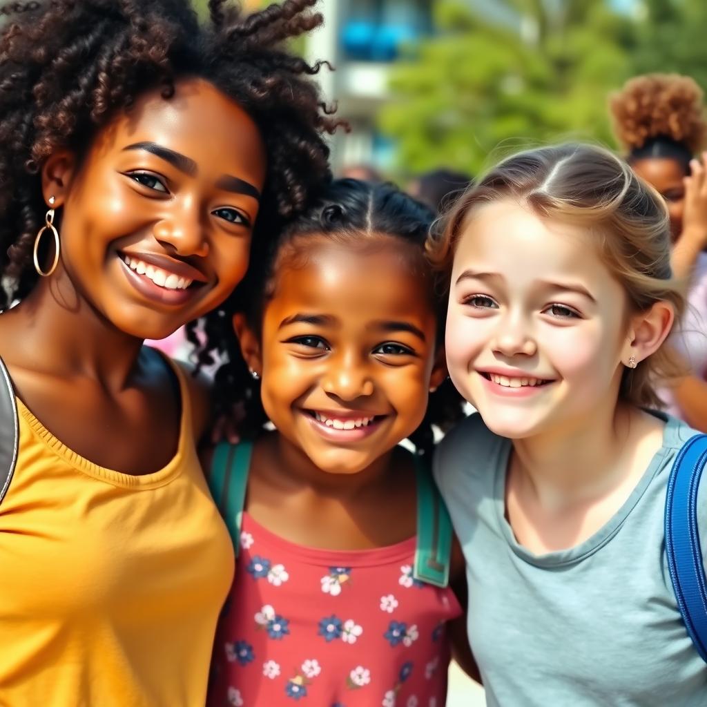 A trio of three diverse girls showcasing a strong friendship bond