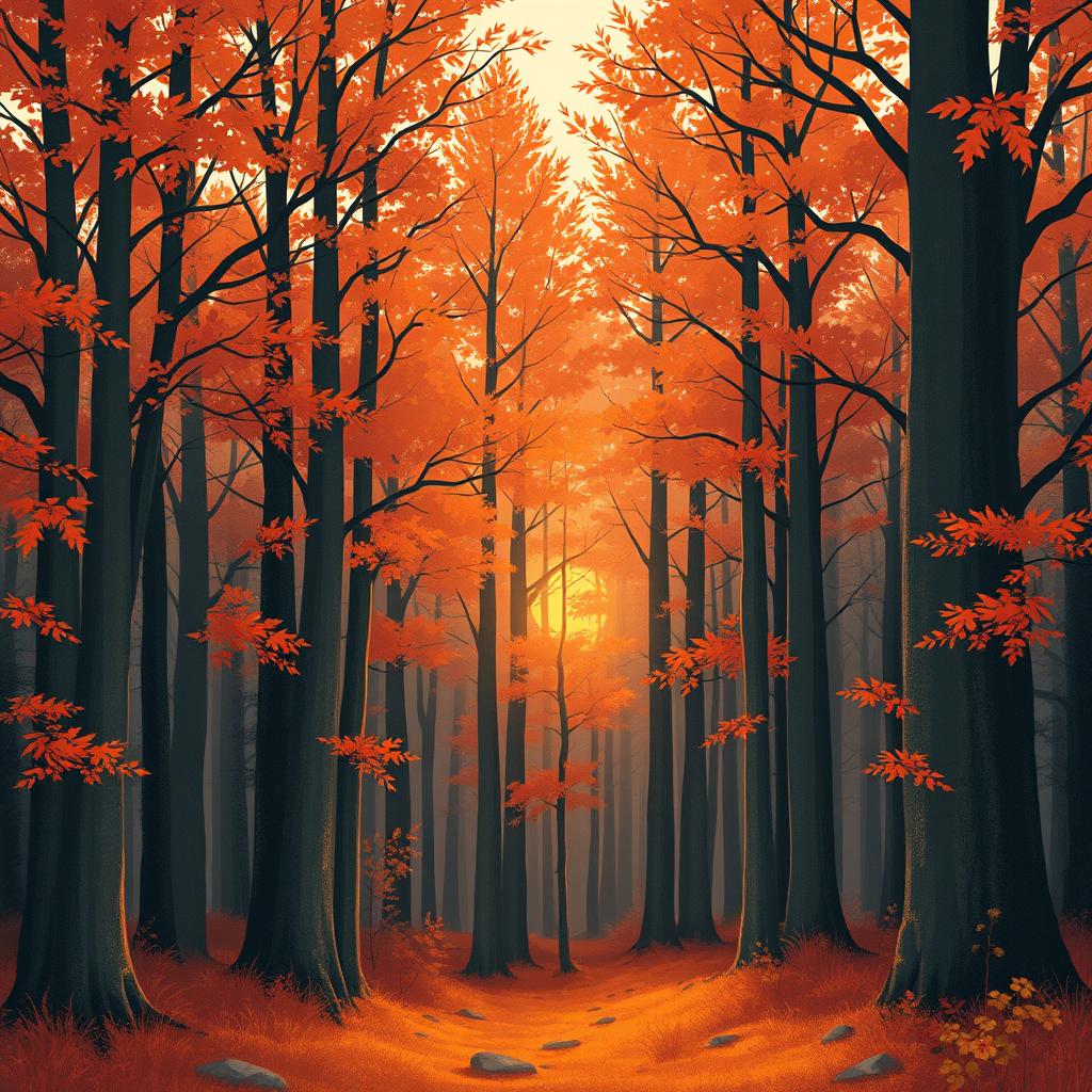 An illustration of a Scottish forest in autumn, featuring tall trees with leaves in warm tones of orange, red, and yellow