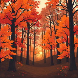 An illustration of a Scottish forest in autumn, featuring tall trees with leaves in warm tones of orange, red, and yellow