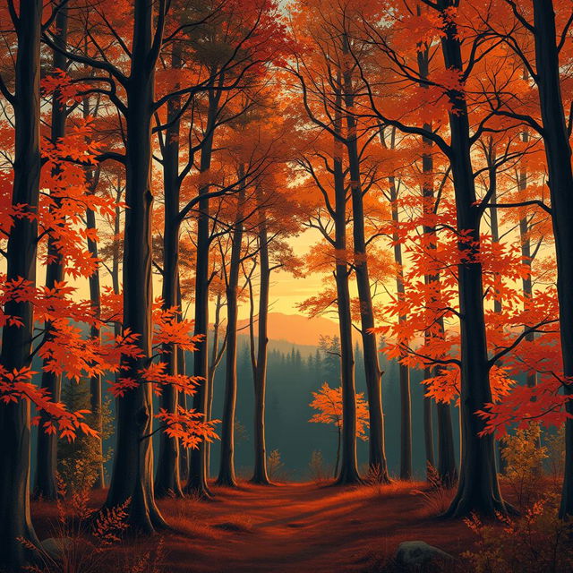 An illustration of a Scottish forest in autumn, featuring tall trees with leaves in warm tones of orange, red, and yellow