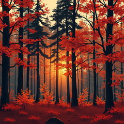An illustration of a Scottish forest in autumn, featuring tall trees with leaves in warm tones of orange, red, and yellow