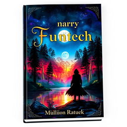 A captivating book cover design featuring a mystical forest with glowing trees, vibrant colors, and a shimmering lake reflecting the moonlight