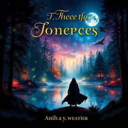 A captivating book cover design featuring a mystical forest with glowing trees, vibrant colors, and a shimmering lake reflecting the moonlight