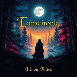 A captivating book cover design featuring a mystical forest with glowing trees, vibrant colors, and a shimmering lake reflecting the moonlight