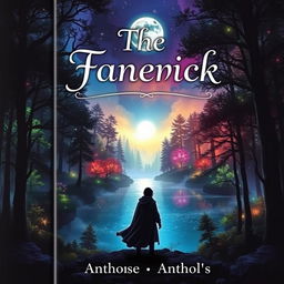 A captivating book cover design featuring a mystical forest with glowing trees, vibrant colors, and a shimmering lake reflecting the moonlight